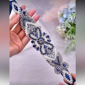 New Elegant Blue and Pearl Beaded Belt